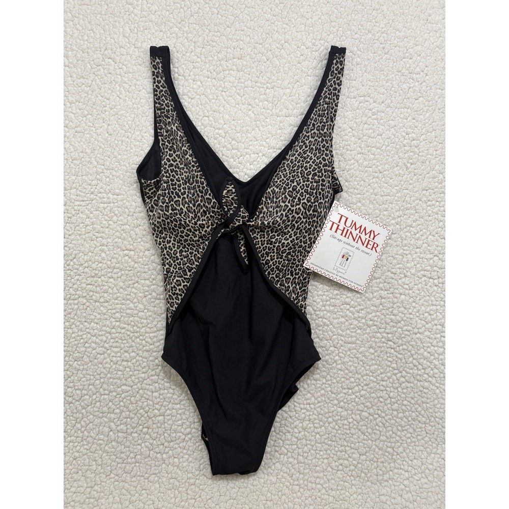 New IT FIGURES! Tummy Thinner Leopard Black Tie Front Tank Swimsuit 1-pc Size 8